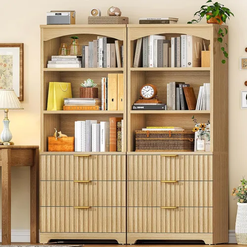 Vista 5 de TEENFON Estantería de 63.3 pulgadas de alto, estanterías y estanterías con cajones, estantería de diseño arqueado con gabinete de almacenamiento