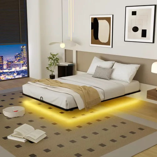 Vista 14 de Base de cama flotante de tamaño individual con luces LED y estación de carga, cama moderna de plataforma de metal, resistente, fácil montaje,