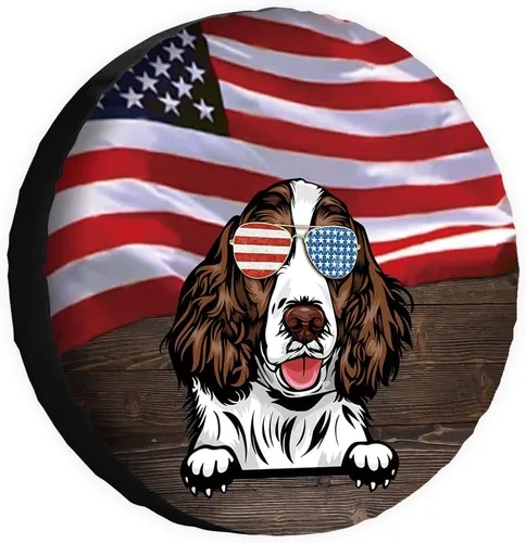 Vista 8 de Cubierta de neumático de repuesto para perro salchicha con gafas de sol con bandera de Estados Unidos, fundas protectoras de ruedas a prueba