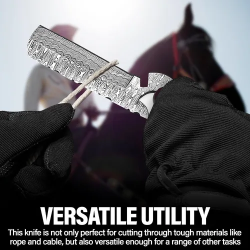 Vista 3 de Cuchillo cortador de toros de Damasco hecho a mano de 8 pulgadas con funda de cuero, cuchillo vaquero occidental para caza, desollar, acampar