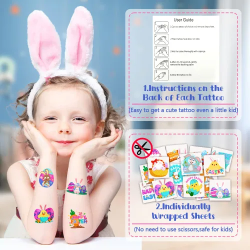 Vista 3 de Relleno de cesta de Pascua para niños, 160 tatuajes temporales de Pascua para niños, calcomanías de tatuaje falsas de 2 pulgadas, rellenos de bolsas