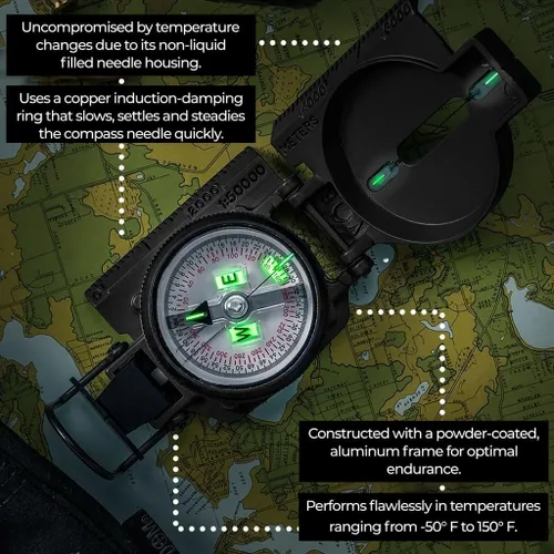 Vista 8 de Cammenga Brújula Lensática de Tritio Oficial del Ejército de EE. UU., Brújulas de Mano Impermeables y Precisas con Funda para Senderismo, Camping