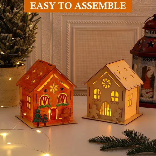 Vista 4 de Spiareal 12 juegos de kit de bricolaje para casa de pan de jengibre de Navidad de madera con velas sin llama LED, lápices acuarela, manualidades