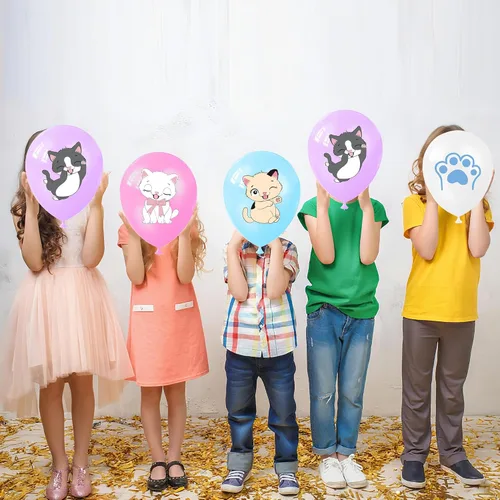 Vista 8 de Globos de fiesta de gatos, globos de gatito para decoración de cumpleaños, 16 globos de látex con estampado de gatos de dibujos animados