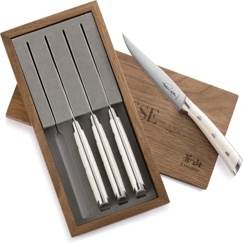 Vista 2 de Cangshan Thomas Keller Signature Collection - Cuchillo para carne de filo recto forjado de 4 piezas, caja de nogal