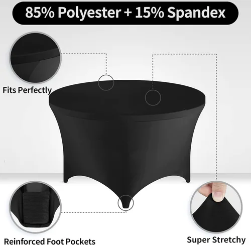 Vista 4 de FestiCorp Fundas de mesa redondas de elastano de 60 pulgadas, mantel ajustable de 5 pies para mesas de 5 pies, mantel negro elástico sin arrugas