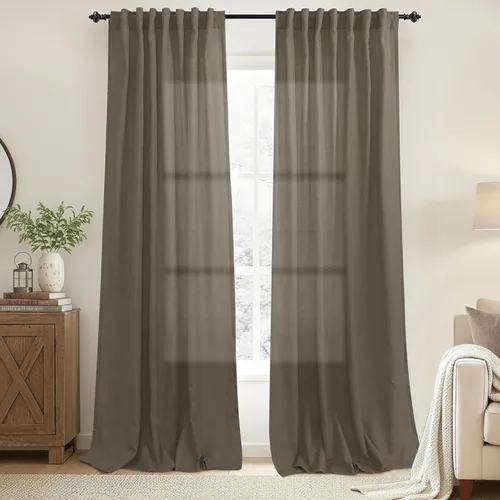 Vista 48 de Cortinas rústicas color beige tostado de 42 x 84 pulgadas de largo para sala de estar, juego de 2 paneles transparentes de lino natural, imitación