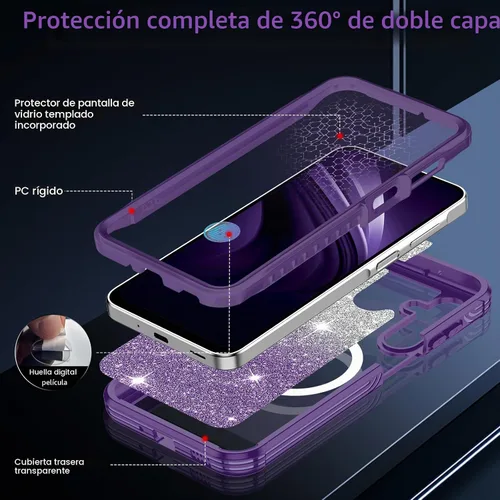 Vista 3 de Funda para Galaxy A16 5G, compatible con MagSafe, funda magnética con purpurina integrada con protector de pantalla de vidrio templado 9H, funda