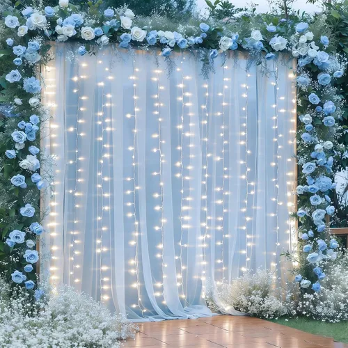 Vista 32 de Cortina de telón de fondo de tul negro de 10 x 10 pies con cadena de luces para fiestas, cortinas de fondo de fotos transparentes para bodas