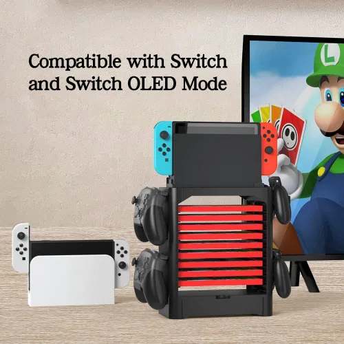 Vista 5 de J&TOP Soporte multifuncional para torre de almacenamiento de disco de juego compatible con Nintendo Switchconsola OLED y controladores Switch Pro