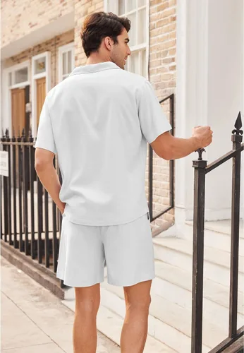 Vista 4 de COOFANDY Camisas de lino de manga corta con botones para hombre, conjunto corto hawaiano de playa de 2 piezas