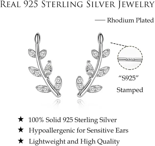 Vista 7 de Reffeer Aretes de plata de ley 925 con diseño de hoja de cristal para mujeres y niñas
