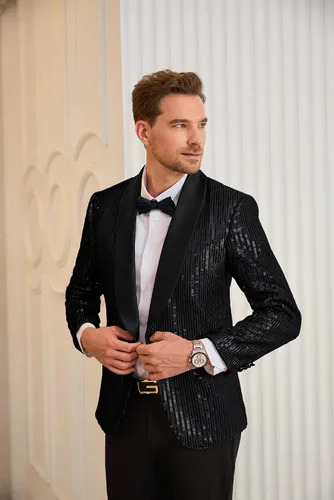Vista 2 de GRACE KARIN Blazer de lentejuelas brillantes para hombre, con un botón, chal, solapa, esmoquin, fiesta, cena, baile de graduación