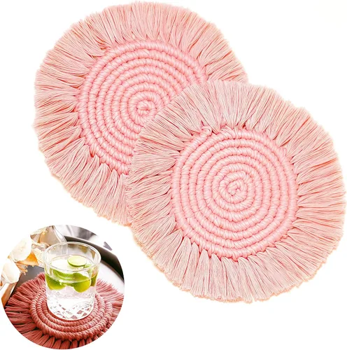 Vista 6 de Juego de 2 posavasos bohemios, elegantes posavasos de algodón tejido, hechos a mano, absorbentes de macramé, para mesa de café, decoración del hogar
