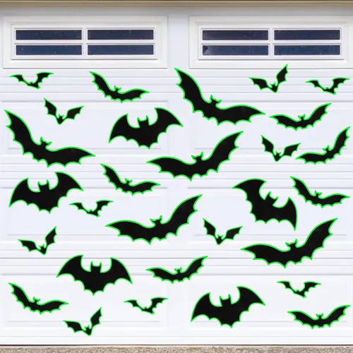 Vista 9 de YUJUN 30 piezas de decoración de Halloween para puerta de garaje, murciélagos negros que brillan en la oscuridad, imanes luminosos para puerta