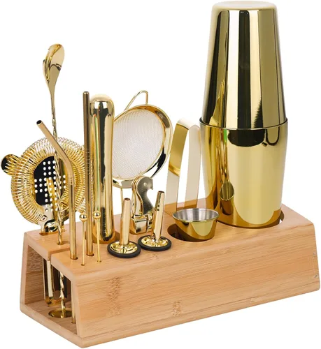 Vista 7 de Juego de coctelera dorada de 15 piezas con soporte de bambú Stainless Steel Bar Set Accessories, Professional Bartending Kit Home Bar Tools Set