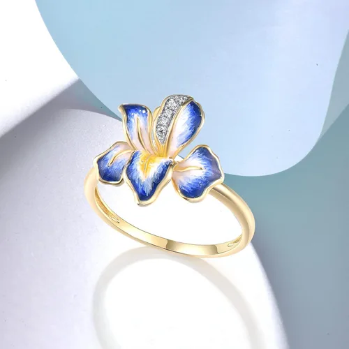 Vista 3 de Santuzza Anillo de diamante genuino de flor esmaltada de oro sólido amarillo de 10 quilates para mujer