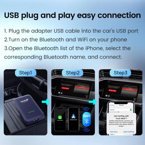 Vista 3 de CarlinKit Adaptador 4.0 CP2A para coche CarPlay con cable, 2 en 1 Convertir CarPlay con cable a inalámbrico, Android Auto inalámbrico para Android