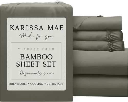 Vista 15 de KARISSA MAE Juego de sábanas de viscosa de bambú de lujo, 100% certificado FSC, refrescante, lujosamente suave, bolsillos profundos de 18 pulgadas