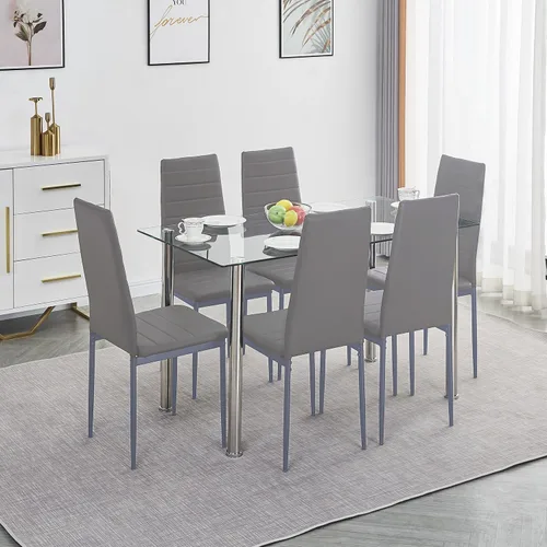 Vista 8 de Juego de mesa y silla de comedor de 7 piezas, juego de mesa de comedor para 6 mesas de cocina con 6 sillas, mesa rectangular de vidrio con 6 sillas