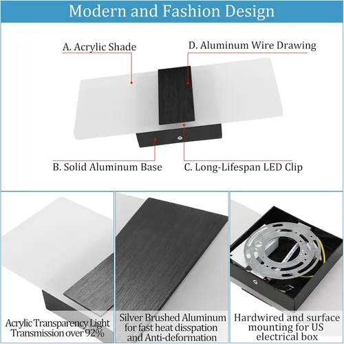 Vista 6 de Lightess Aplique de pared moderno regulable. Lámpara de pared de 12 W en negro, lámpara de pared interior de acrílico para dormitorio, sala