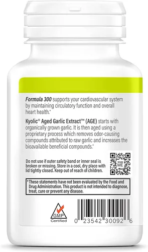 Vista 2 de Kyolic Age Cardiovascular Health* Fórmula vegana 300, 120 cápsulas Fórmula de extracto de ajo envejecido biodisponible vegano que apoya la función