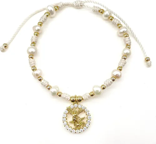 Vista 3 de Medalla colgante de arcángel de San Miguel en cordón ajustable de marfil y perlas de agua dulce pulsera ajustable