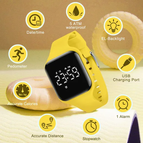 Vista 3 de Reloj deportivo digital para niños y niñas con contador de pasos, alarma vibratoria y despertador. Rastreador de actividad a prueba de agua, sin