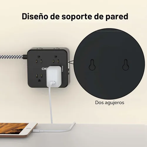 Vista 5 de Protector de Sobretensiones Tira de Alimentación - CHCORE Cable de Extensión Trenzado de 5 Pies con 8 Tomas con 4 Puertos USB (2 USB C) Estación