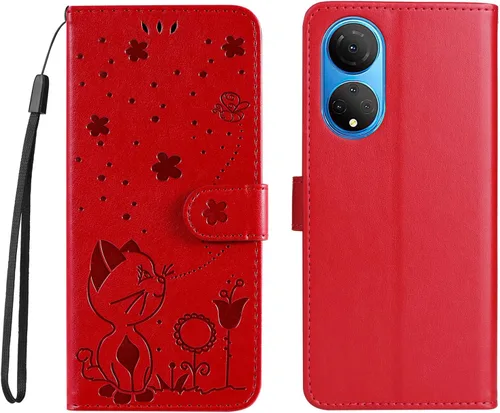 Vista 11 de Funda para Honor X7, diseño de estampado de gato y abejas de cuero de primera calidad, con función atril y cierre magnético