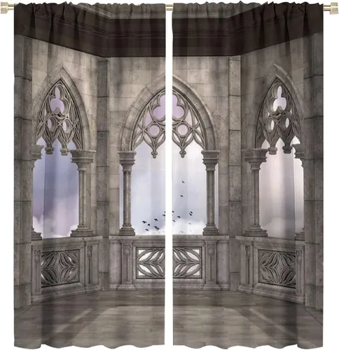 Vista 40 de Cortinas góticas con diseño de luna de Halloween, historia, puerta espeluznante, fondo de terror, vela, ficción, patrón de impresión, sala de estar