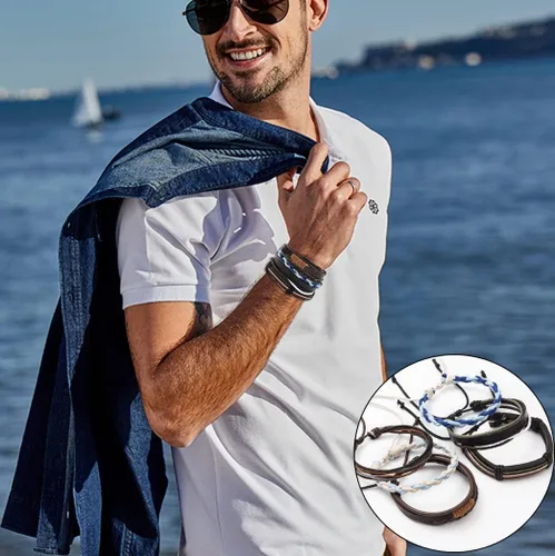 Vista 2 de FIRAZIO Juego de 27 pulseras de cuero trenzado para hombres y mujeres, pulseras de cuentas de madera, cuerdas de cáñamo, étnicas tribales hechas a