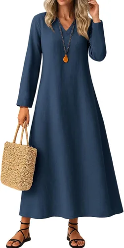 Vista 6 de Vestido de lino de algodón para mujer, de manga larga, holgado, ligero, básico, con cuello en V, vestido largo y modesto