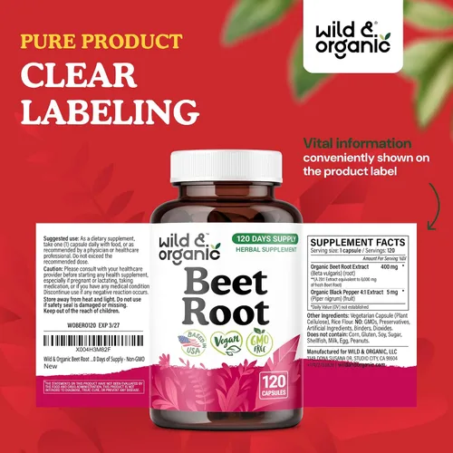 Vista 7 de Wild & Organic Cápsulas de raíz de remolacha de 8000 mg - Extracto de remolacha 20:1 - 120 cápsulas veganas - Extracto de pimienta negra para una