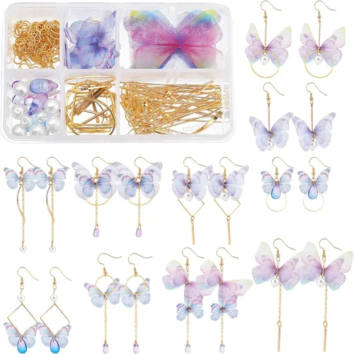 Vista 13 de SUNNYCLUE 1 caja de bricolaje 10 pares de dijes de alas de mariposa de hada, kits de fabricación de aretes de tela de organza, dijes de mariposas