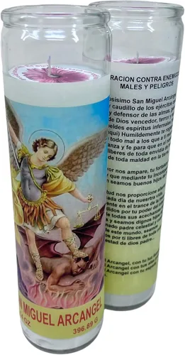 Vista 5 de San Miguel Arcangel 14 oz vaso grande una pieza oración vela de una pieza 14 oz de alto vidrio oración al reverso en español Blanca sin aroma