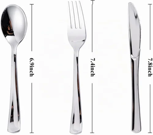 Vista 2 de N9R 120 Piezas Cubiertos de Plástico Plateado, Juego de Cubiertos de Plástico Plateado Cubiertos Desechables Vajilla - 60 Tenedores, 30 Cucharas, 30