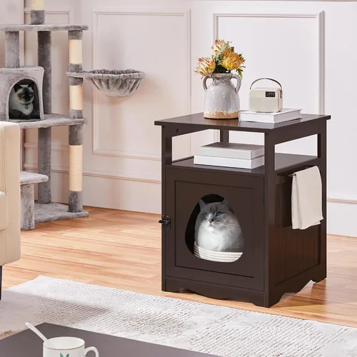 Vista 8 de Yaheetech Caja de Arena para Gatos Oculta, Mueble de Caja de Arena Oculta con Estante Abierto, Baño Interior para Gatos, Gabinete de Almacenamiento