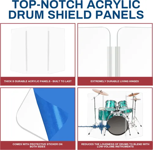 Vista 4 de PENNZONI Drum Shield de 4 pies con bisagras de plástico, viene con 3 paneles de batería y bisagras de plástico, paneles de acrílico transparente