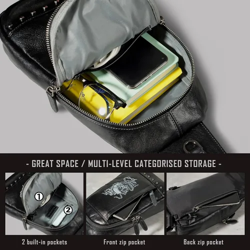 Vista 4 de Bolso bandolera pequeño de cuero genuino para hombres Crossbody, bolso negro de hombro de calavera para hombre, mochila de una sola correa, Negro