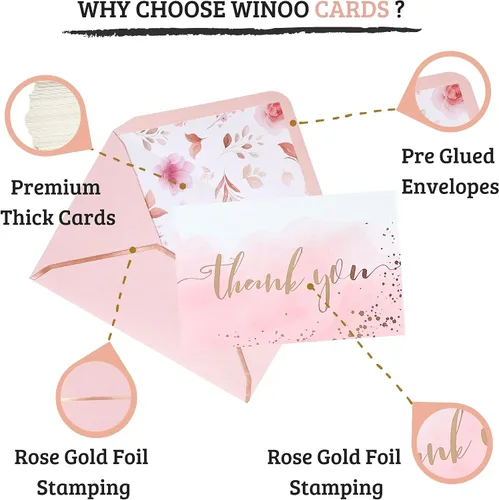 Vista 2 de Winoo Design Tarjetas de agradecimiento de color oro rosa y rosa resistentes con sobres, paquete de 36, tarjetas de agradecimiento de despedida