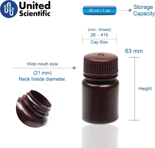 Vista 2 de United Scientific® - Recipientes de muestra con tapas - Botella de reactivo de boca ancha de HDPE ámbar - Contenedor químico - Botellas de plástico