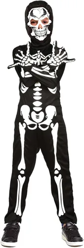 Vista 4 de Disfraz de esqueleto para niños que brilla en la oscuridad, disfraces aterradores de Halloween para niños (negro, 12-14 años)