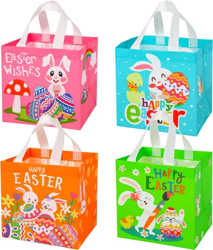 Vista 7 de SULOLI Bolsas de regalo de Pascua, bolsas de compras no tejidas de Pascua con asas para fiestas de vacaciones (paquete de 8), Verde, naranja, rosa