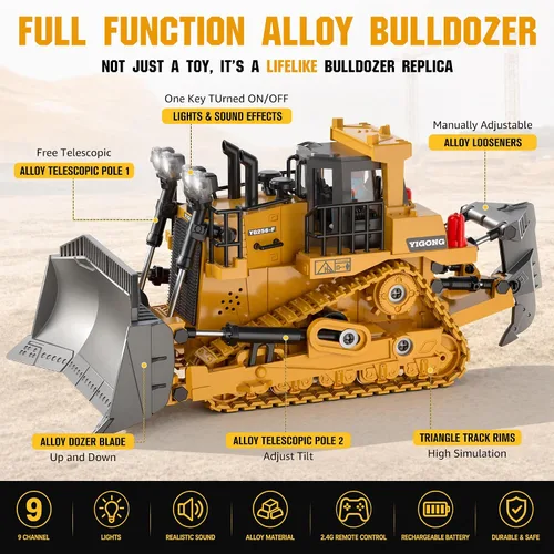 Vista 5 de KidsFaves Bulldozer RC con cuchilla de aleación, juguete de construcción de Amarillo