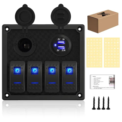 Vista 19 de Panel de interruptores de barco marino de 5 posiciones con cargador USB dual y voltímetro, panel de interruptores basculantes de aluminio