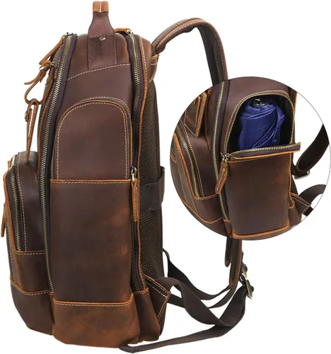 Vista 6 de Lannsyne Mochila vintage de cuero de grano completo para hombre de 15.6 pulgadas, mochila para laptop de camping y viajes, mochila de 24 L, Marrón