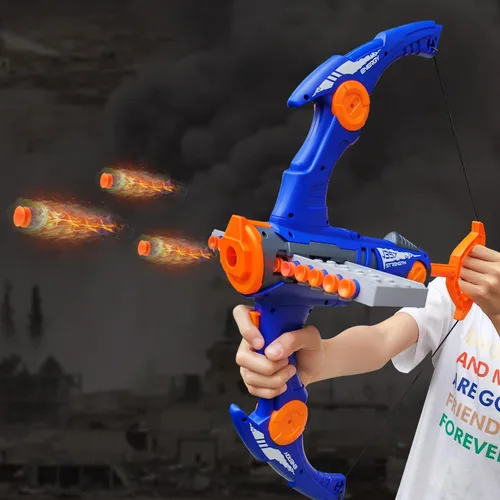 Vista 6 de Arco y flecha de juguete para balas de pistola Nerf, juego de tiro con bala de espuma de 12 dardos con 36 dardos de espuma, 1 gafas y objetivo Azul