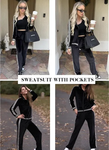 Vista 5 de Ekouaer Conjunto deportivo de terciopelo de terciopelo para mujer, 2 piezas, sudadera con cremallera y pantalones deportivos con bolsillos, tallas
