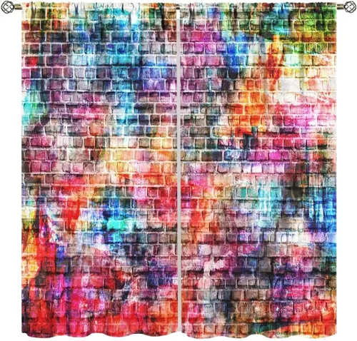 Vista 14 de Cortinas de pared de ladrillo, arte pop de grafiti, hermosas cortinas con estampado de chicas americanas para adolescentes, dormitorio, sala